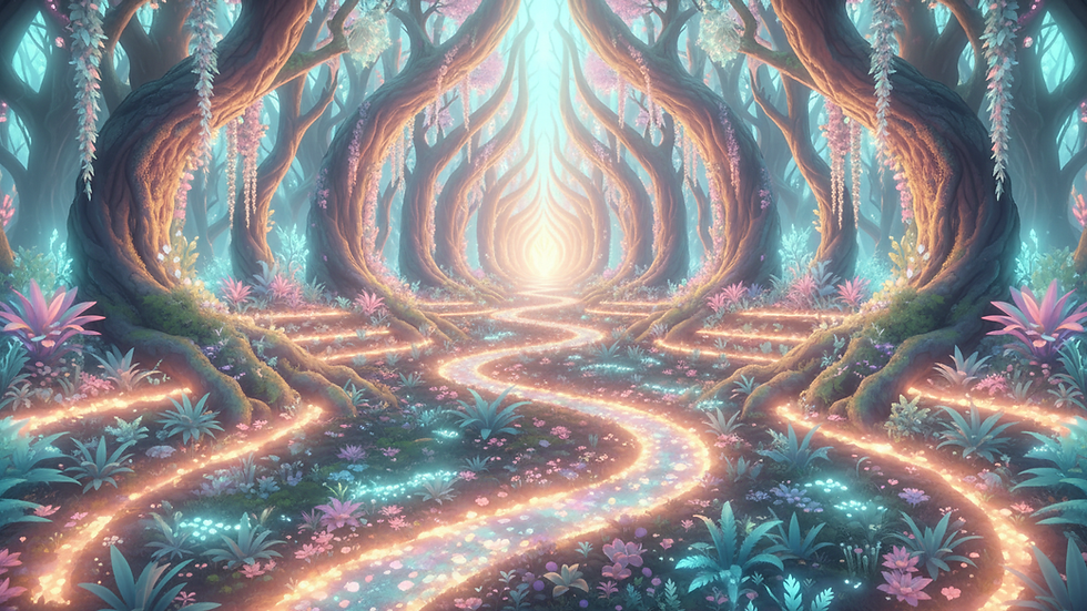 Vue en plongée d’un chemin forestier baigné de lumière douce