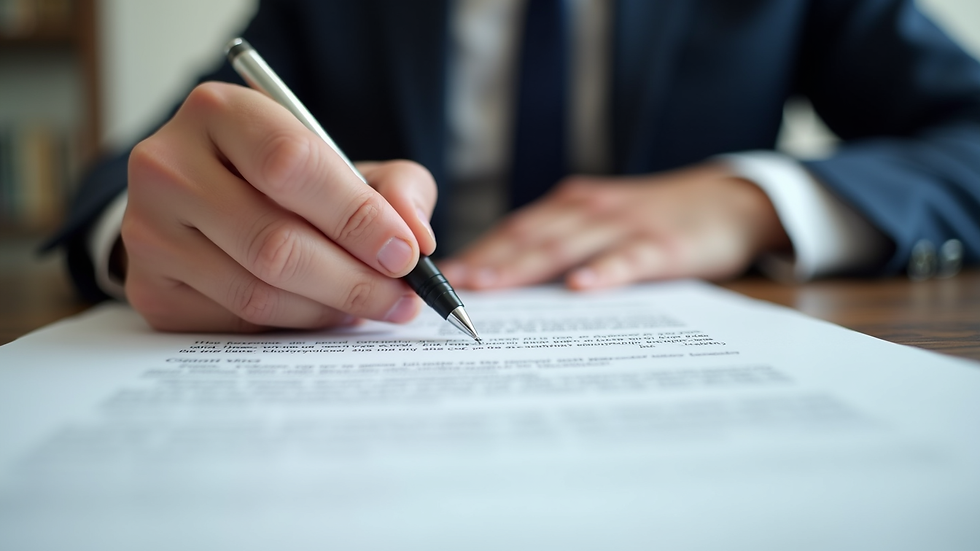 Close-up view of mediator’s hands holding a pen over a mediation agreement document