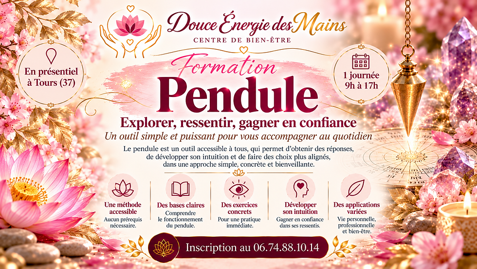 Formation Pendule - Explorer, ressentir, gagner en confiance
Vous cherchez à explorer vos ressentis avec le Pendule, enrichir vos compétences, gagner en confiance, suivre une formation Pendule près de Tours (37) ?