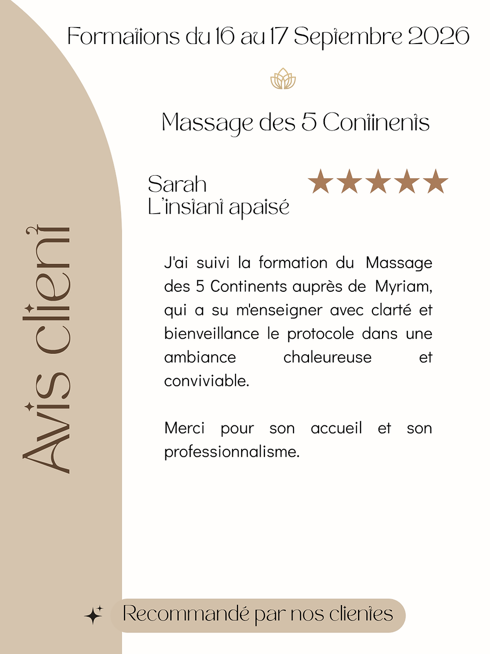 Nouvel Avis - Témoignage de Sarah sur la Formation Massage des 5 Continents des 16 et 17 septembre 2026 avec Myriam de Douce Energie des Mains