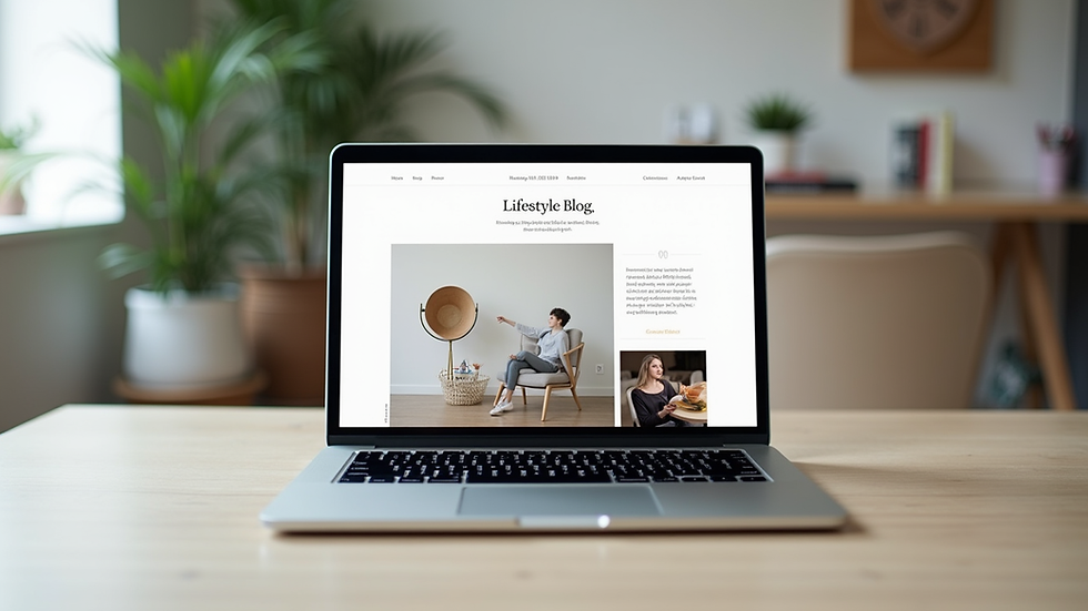 Eye-level view of a sleek laptop displaying a lifestyle blog homepage