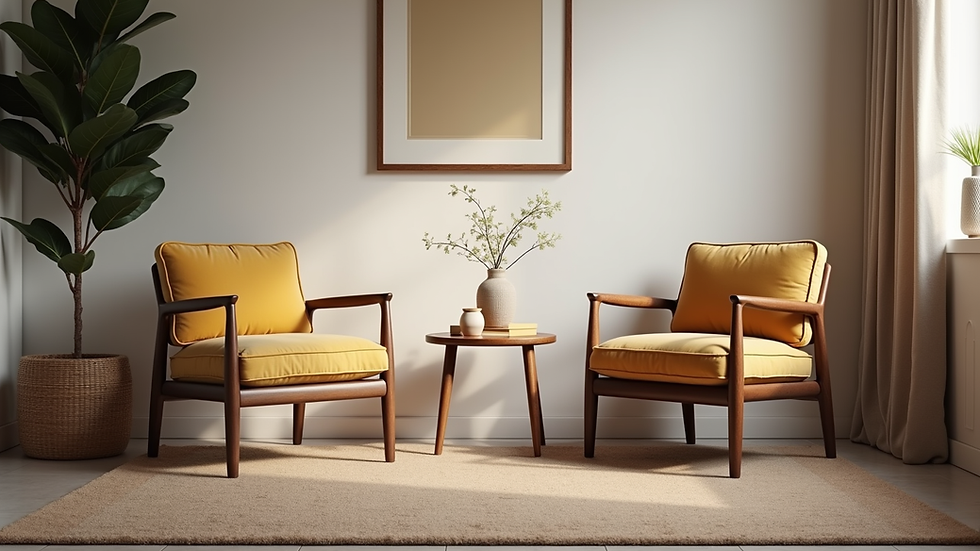 Eye-level view of a cozy living room with two chairs and a small table