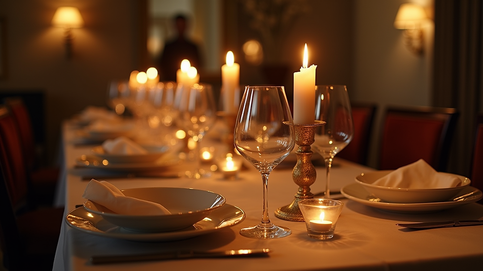 Close-up view of a candlelit dinner table set for two with elegant decor