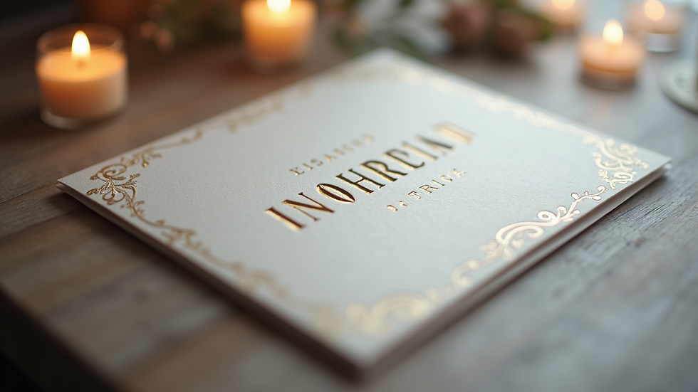 Close-up view of a discreet, elegant invitation card with embossed lettering