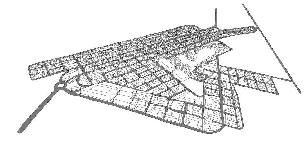 Visão aérea do planejamento urbano de um bairro planejado, visualizando bem as avenidas, as escalas dos edifícios e as áreas abertas para convivio social