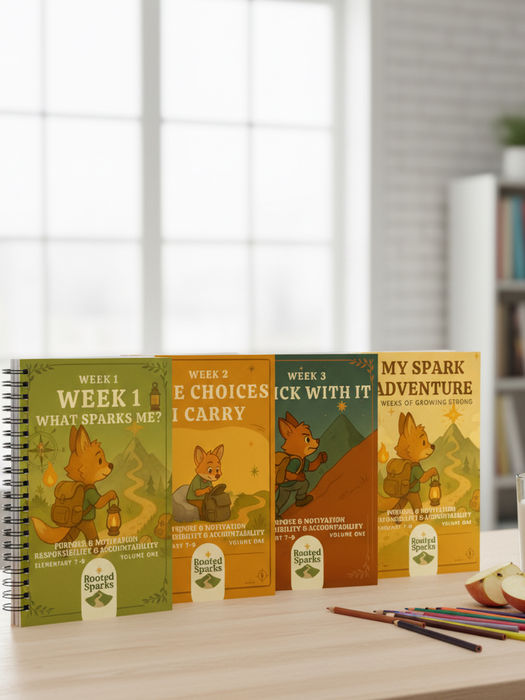 RootedSparks workbooks lined up on table