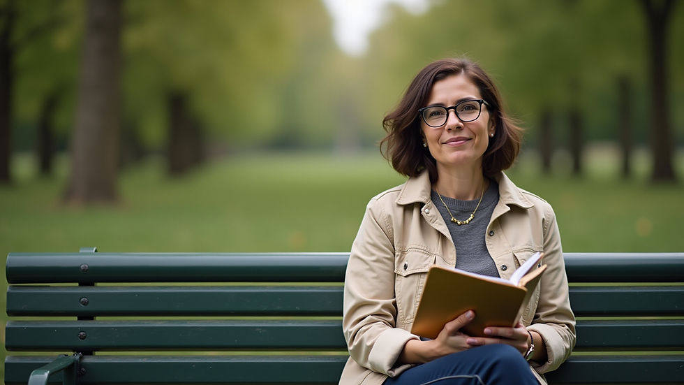 Smiling woman with glasses sits on a green park bench, holding an open notebook, with trees blurred in the background.