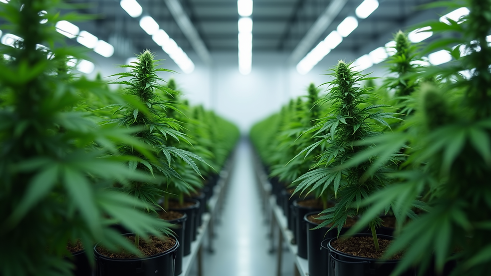 Eye-level view of a cannabis cultivation facility with rows of plants