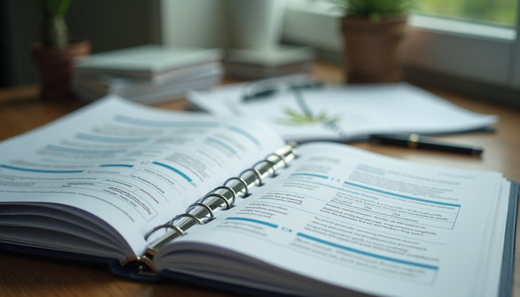 Eye-level view of a cannabis compliance binder open on a desk with labeled sections and documents inside