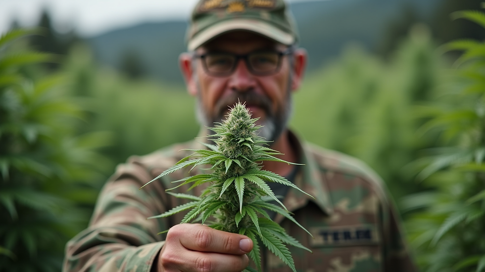 Man in camouflage holds a cannabis flower bud in a green field, with blurred hills behind.