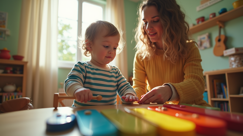 Eye-level view of a toddler playing a colorful xylophone with Miss Dolly guiding nearby