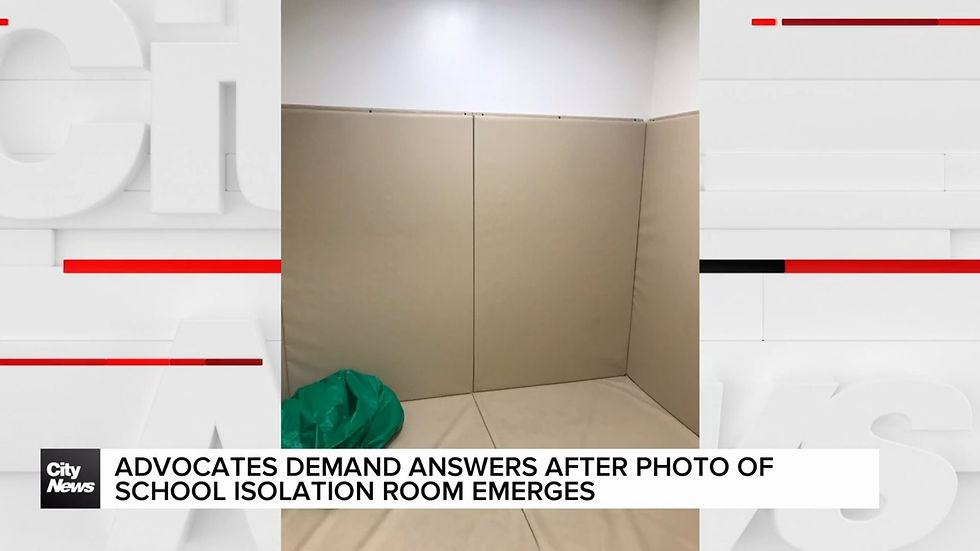 A small room with beige padded walls and floor mats, featuring a single green beanbag chair in the corner, framed by a CityNews broadcast graphic.