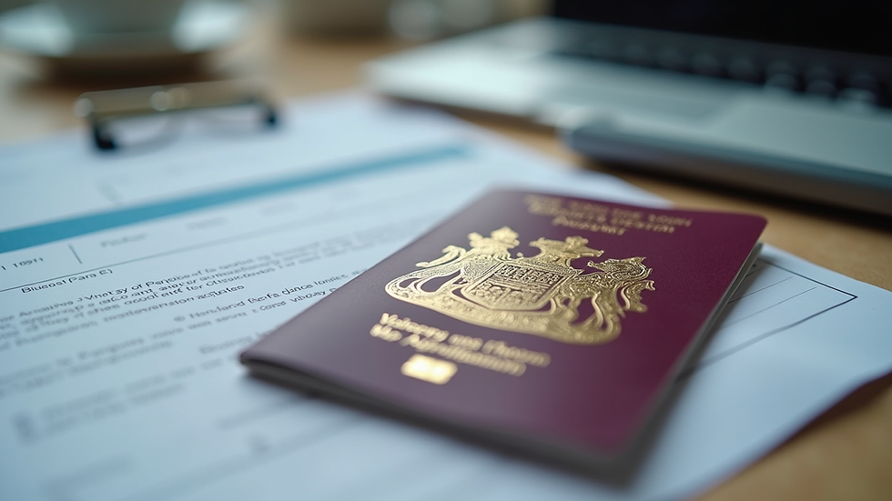 Close-up view of a UK passport and application form on a desk