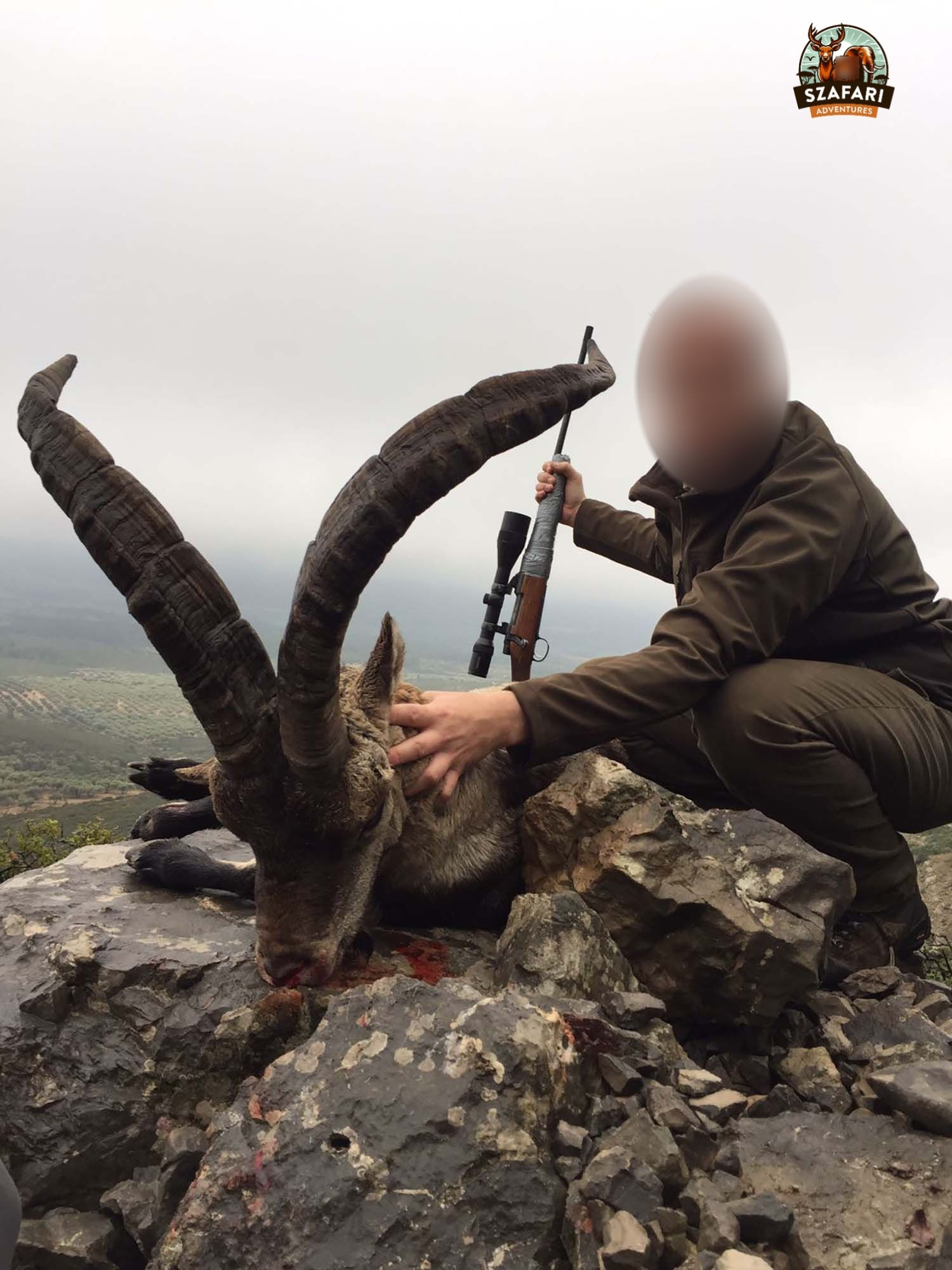 Beceite Ibex Trophäenjagd in Spanien - Erfolgreicher Jagdausflug, bei dem ein Beceite Ibex mit seinen ikonischen gebogenen Hörnern präsentiert wird.