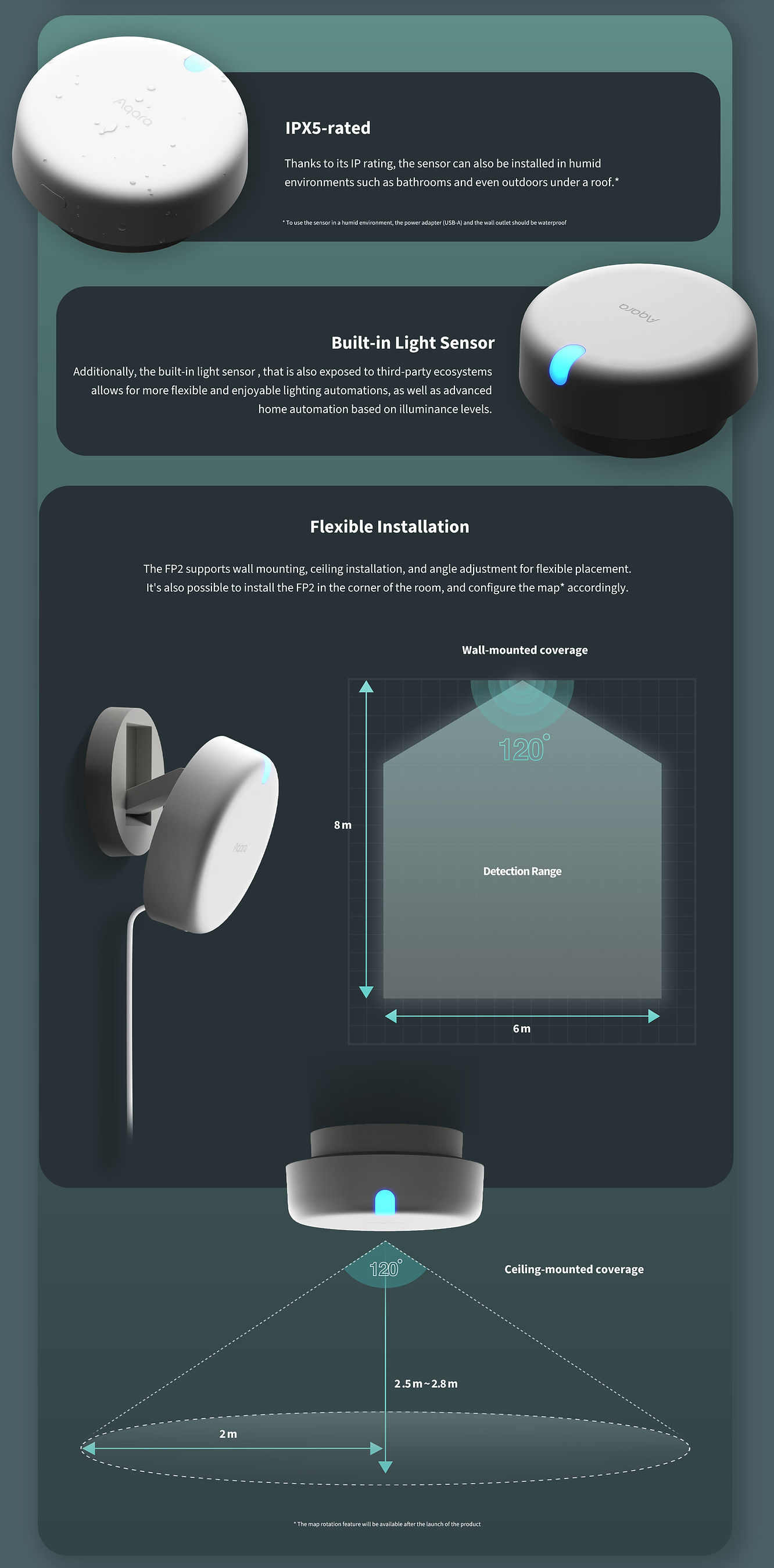 Aqara Presence Sensor FP2 supports wall mounting, ceiling installation and angle adjustment for flexible placement. It’s also