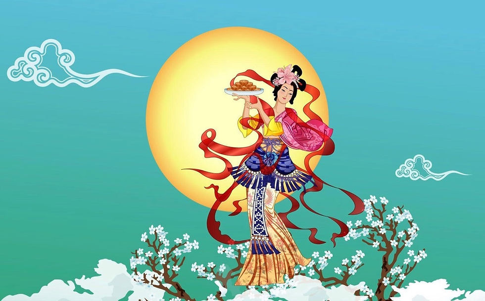 Chinees maanfeest met een afbeelding van de volle maan en de Chinese god van de maan met mooncakes in haar handen