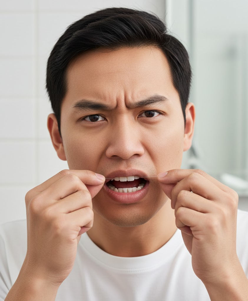 一個男生把牙線用在牙齒上的樣子