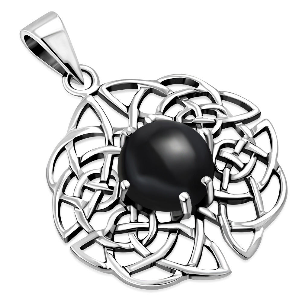 Round Celtic Knot Silver Pendant Set W/ Black Onyx