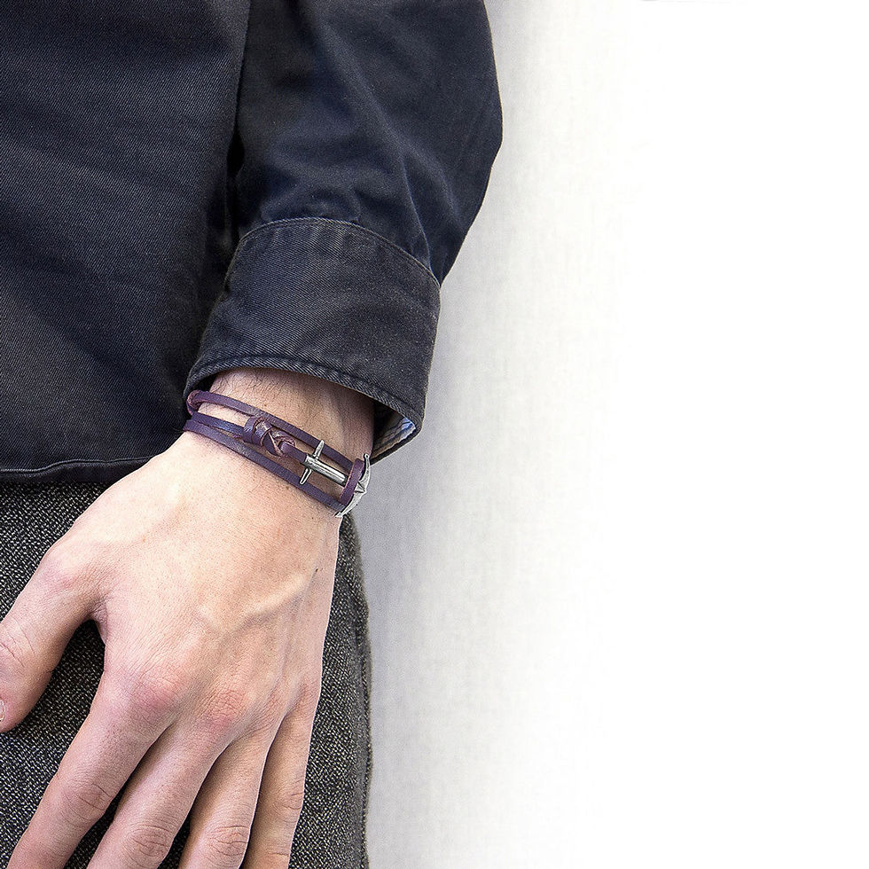 Thumbnail: Fern Green Admiral Anchor Silver and Flat Leather Bracelet