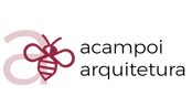 Logo da Acampoi Arquitetura: letra 'A' branca entrelaçada com uma abelha cor vinho e a frase 'Acampoi Arquitetura à direita