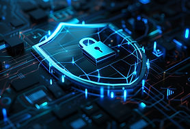 Ilustração digital de um escudo com um cadeado no centro, simbolizando segurança cibernética. O escudo brilha em tons de azul