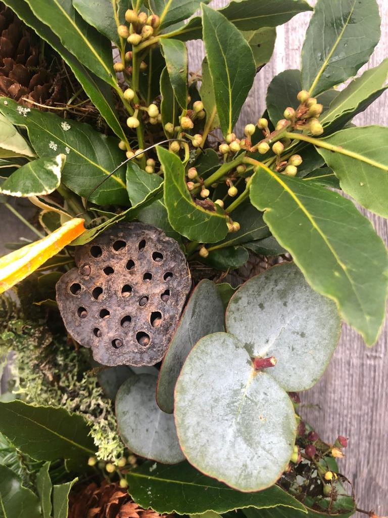Thumbnail: The Rebel - Christmas wreath, eucalyptus, lotus heads and dried oranges