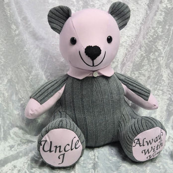 Handmade memory bear UK made from a soft pink knit and grey cable-knit jumper, with a collar detail and 'Uncle, Always With...' embroidered on the paws.
