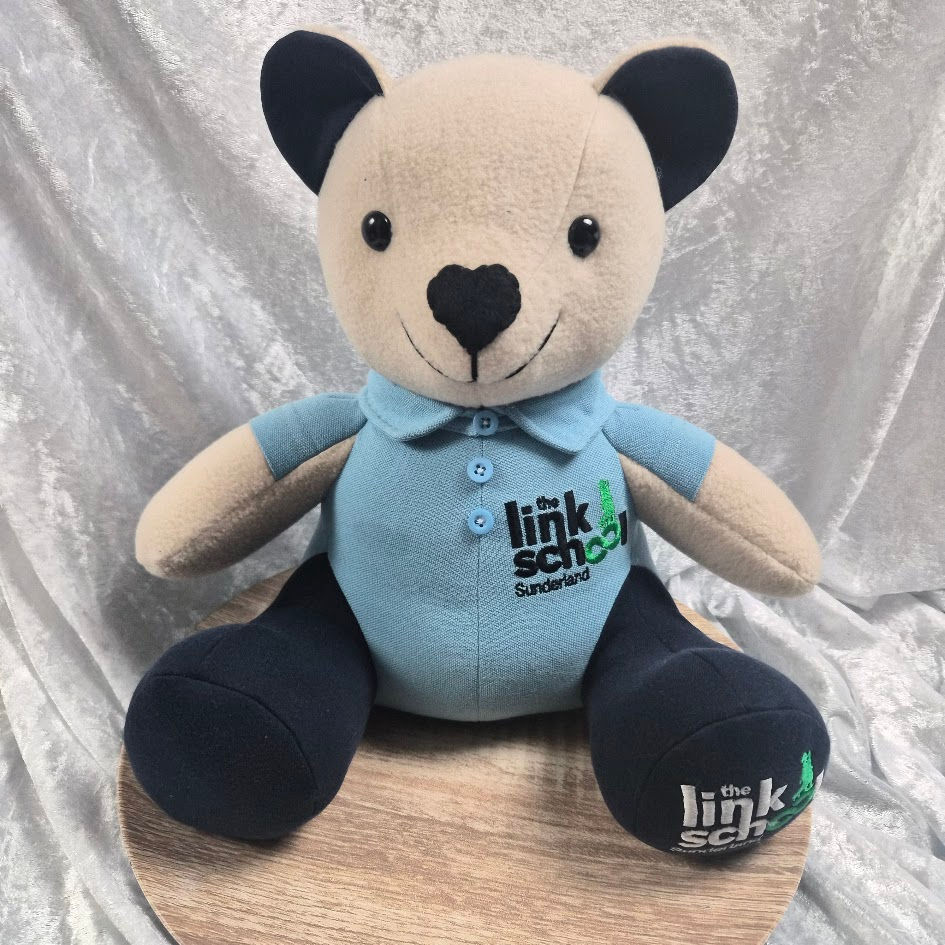 Handmade school uniform memory bear made from a blue Link School Sunderland polo shirt