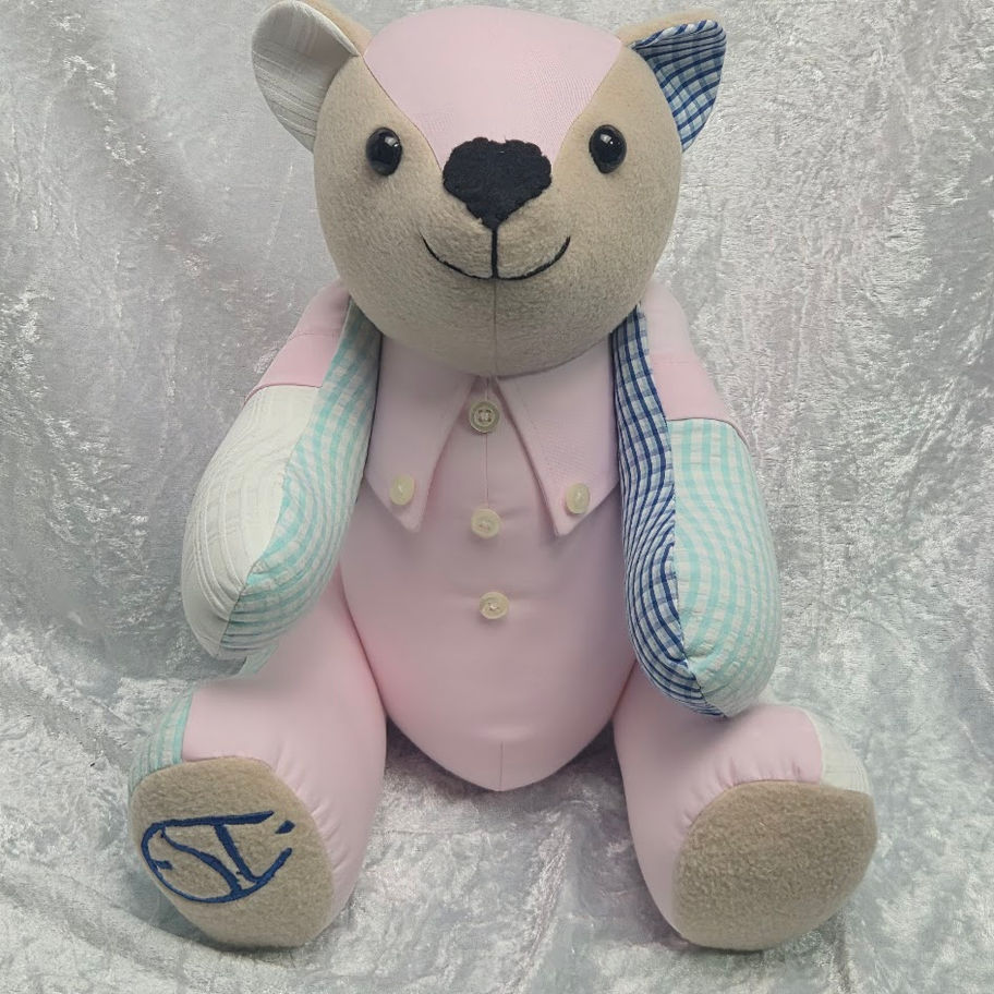Handmade button jointed memory bear made from shirts in soft pink and mint gingham fabric