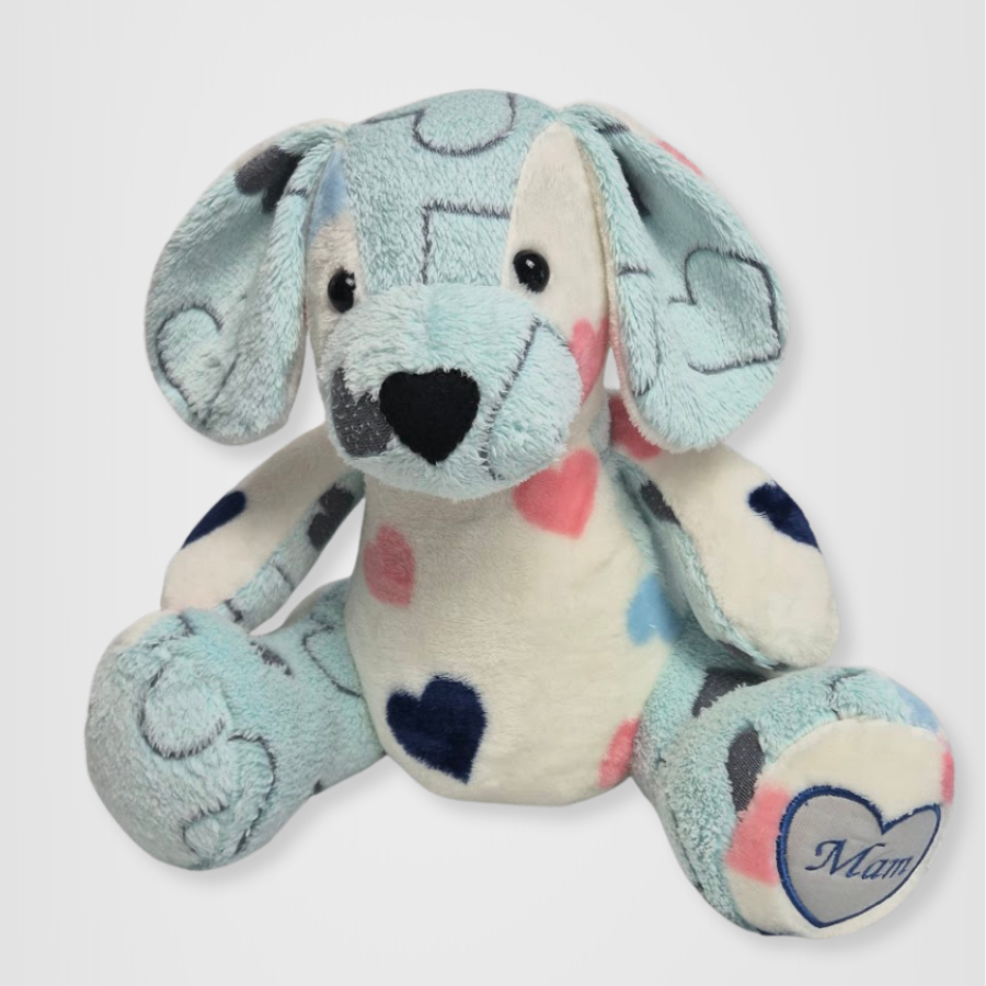 Handmade keepsake dog made from a loved one's clothing in soft blue and white heart print fleece fabric,