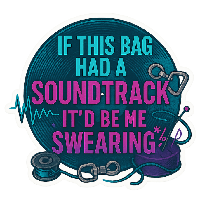 Sewing sticker with text “If This Bag Had a Soundtrack It’d Be Me Swearing” and illustrated sewing tools and vinyl record.