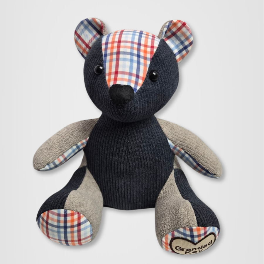 Handmade classic memory bear from clothing in navy corduroy and red blue plaid fabric with Grandad Kev embroidery on the paws