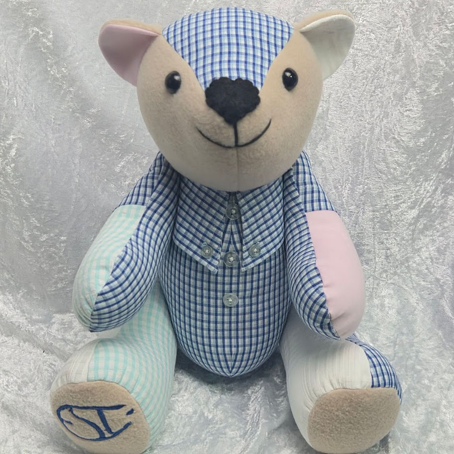 Handmade button jointed memory bear made from shirts in blue check and pink fabric with original buttons