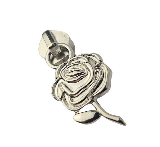 #5 Rose Flower Zipper Pull in a polished silver finish, perfect for sleek and elegant designs.