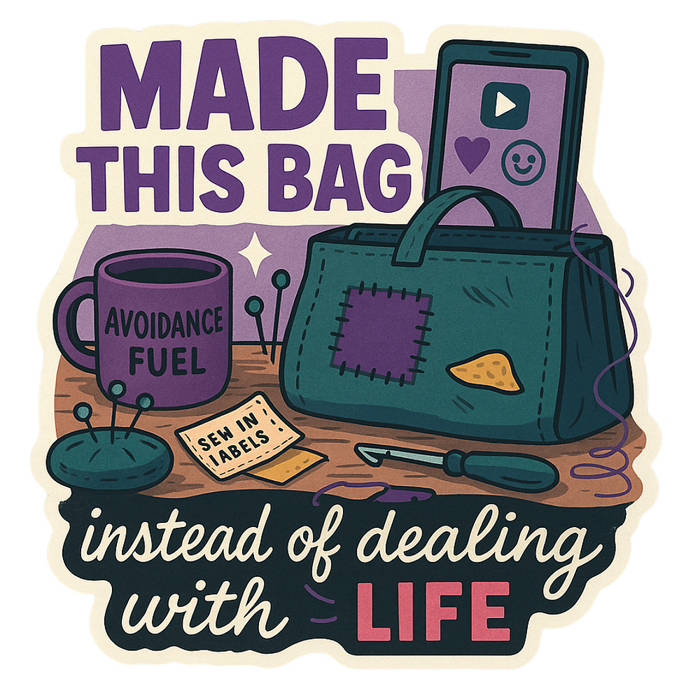 Funny vinyl sticker showing a handmade bag, sewing tools, a mug labelled “Avoidance Fuel”, and the bold text “Made This Bag I