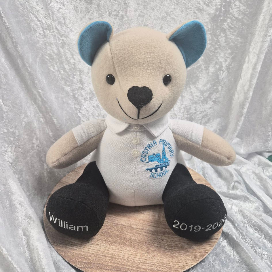 Handmade school uniform memory bear made from a Cestria Primary School polo shirt