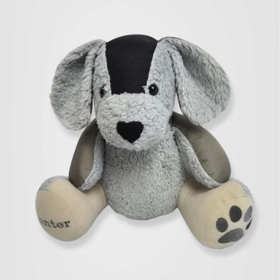 Handmade pet memory keepsake UK, made from grey fleece and pet clothing, featuring an embroidered paw print and 'Hunter' name on the paw pads.