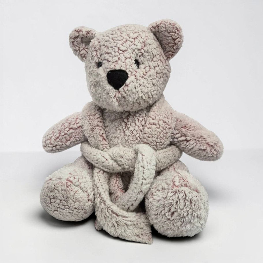 A dressing gown memory bear made from soft multicoloured knitted fabric, with button‑style eyes and a heart‑shaped