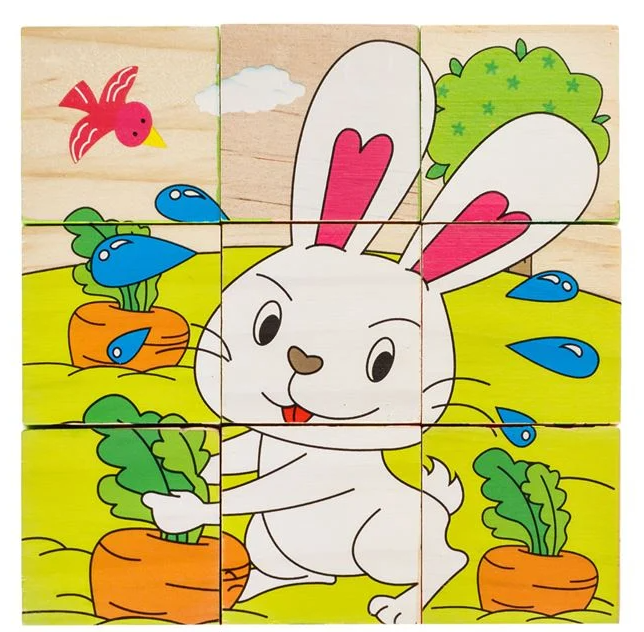 Cuburi din Lemn Puzzle Animale de la Ferma (9 Piese) 10.3x10.3x3.5cm