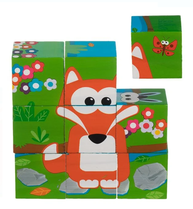 Cuburi Puzzle din Lemn Animale din Jungla 6 in 1 (9 piese) 10.3x10.3x3.5cm
