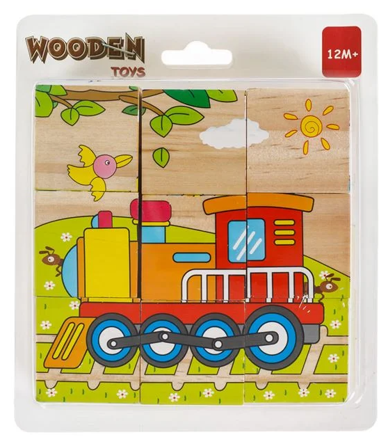 Cuburi din Lemn Puzzle Vehicule (9 Piese) 10.3x10.3x3.5cm