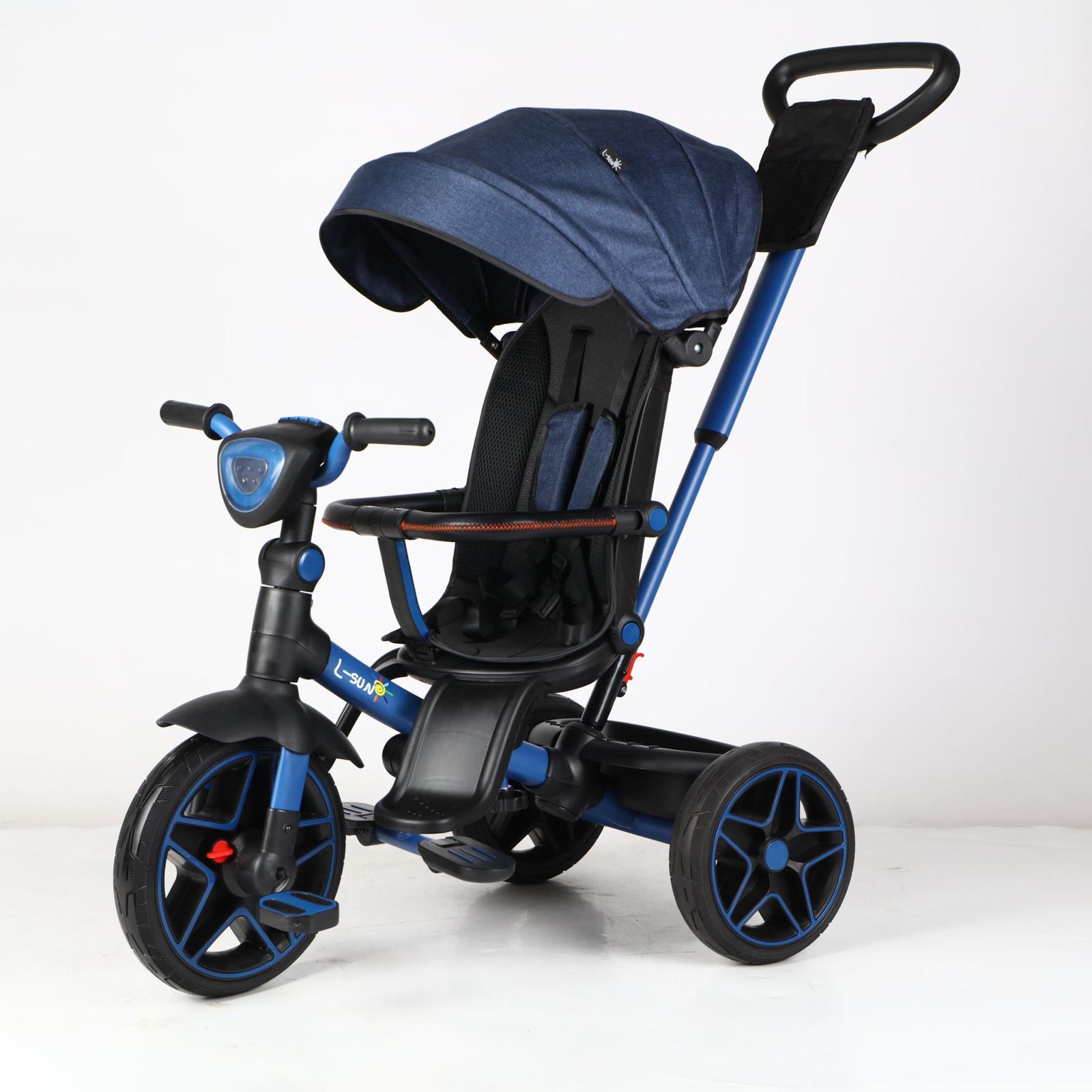 Tricicleta reversibila SL05 Albastru,pozitie somn si scaun rotativ,lumini-muzica