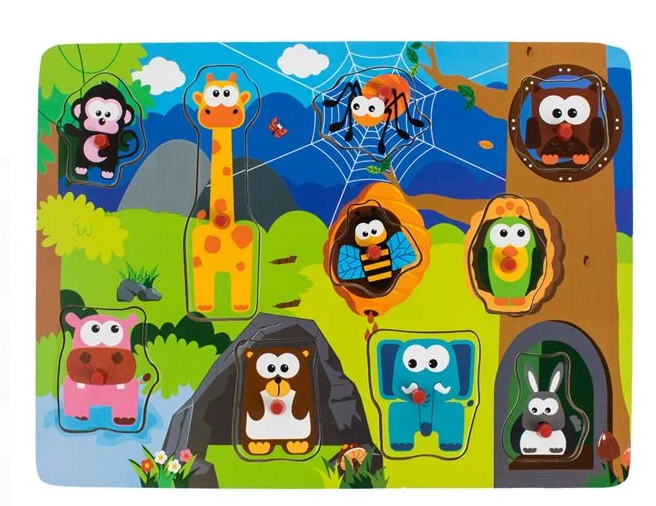 Puzzle din Lemn cu Animale din Jungla (10 piese) 30x1x22cm