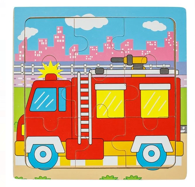 Puzzle din Lemn Vehicul Pompieri (9 piese) 14.5x14.5cm