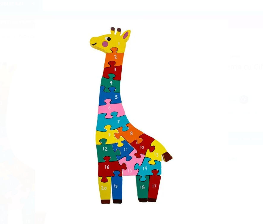 Puzzle din Lemn cu Cifre Colorate Girafa 11x28cm