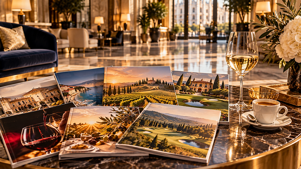 Luxury lifestyle magazines on a marble table in a Milan hotel lobby with white wine and espresso