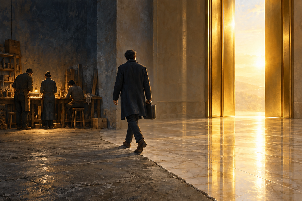 A figure with a small case walks away from a gilded doorway full of golden light, out onto bare concrete and toward a modest workbench where a single small lamp burns and two others wait.