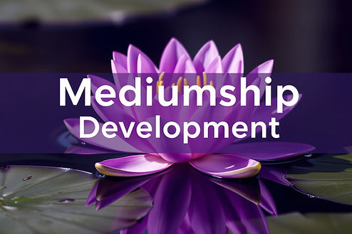 Waterlily in purple tones on the water with the words _Mediumship Development_ across the