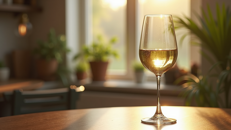 Close-up view of a glass of white wine on a table with a blurred background