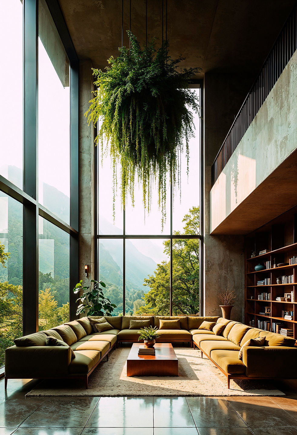 Modern living room with large windows and hanging greenery